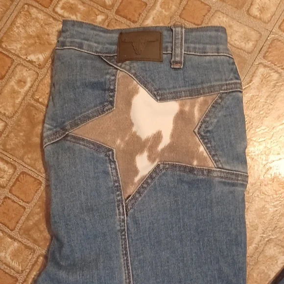 L&B Denim Flare Jeans with Star Patch High Rise Flare Size 14 - Picture 2 of 5